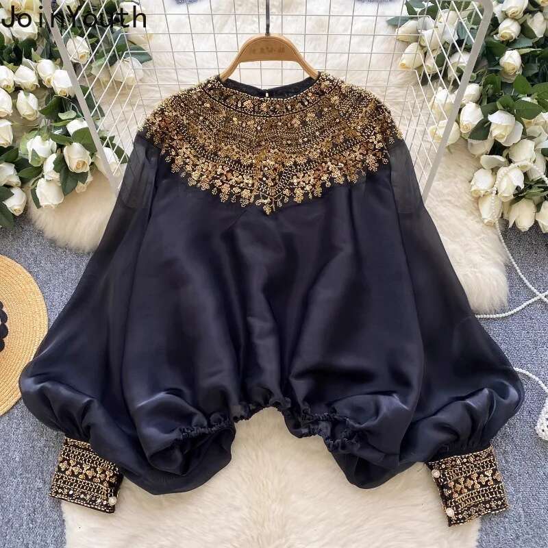 Camises De Mujer Heavy Beading Blouses for Women Lantern Sleeve Loose Shirts Solid Color Vintage Summer Blouse Temperament Tops