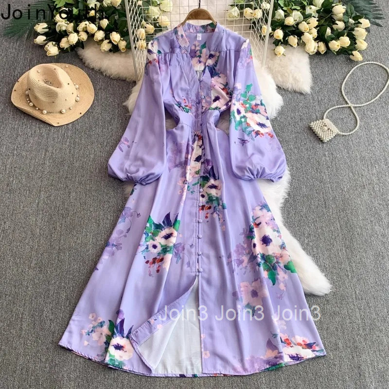 Vintage Single Breasted Womens Dress V-neck Lantern Sleeve Slim Waist Robe Femme Floral Summer Dresses 2025 Vestidos De Mujer