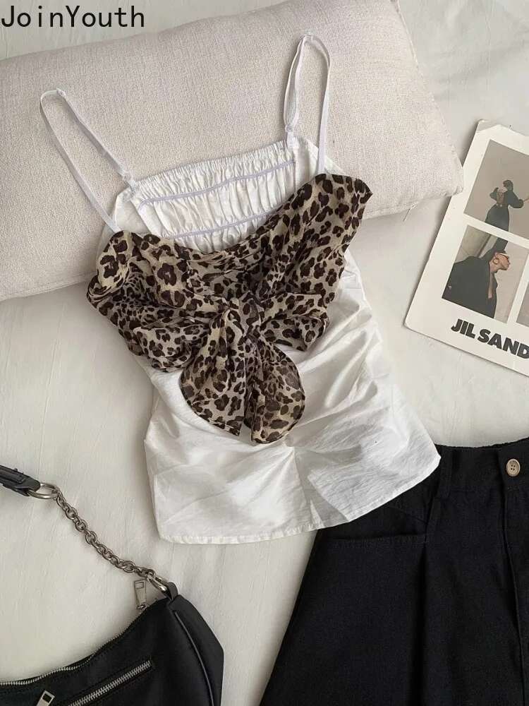 Contrast Color Leopard Print Tanks 2025 Womens Clothing Sexy Tunic Fashion Vest Crop Tops Bandage Bow Summer Tees Korean Camis