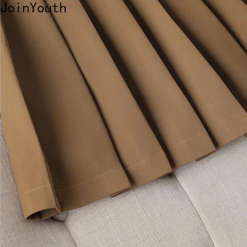 Temperament Skirt Outfits Korean Chic 2 Piece Set Womens Clothing Double-breasted Tunic Jackets High Waist Pleated Mini Skirts