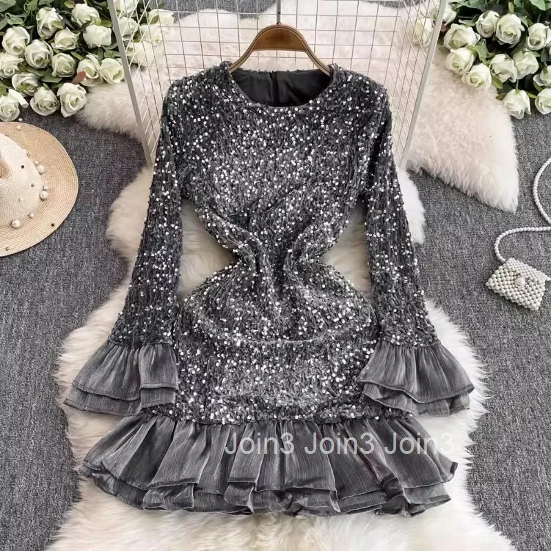Party Sexy Woman Dress 2025 Vestidos De Mujer Slim Waist Tunic Temperment Robe Femme Heavy Sequin Ruffles Bodycon Mini Dresses