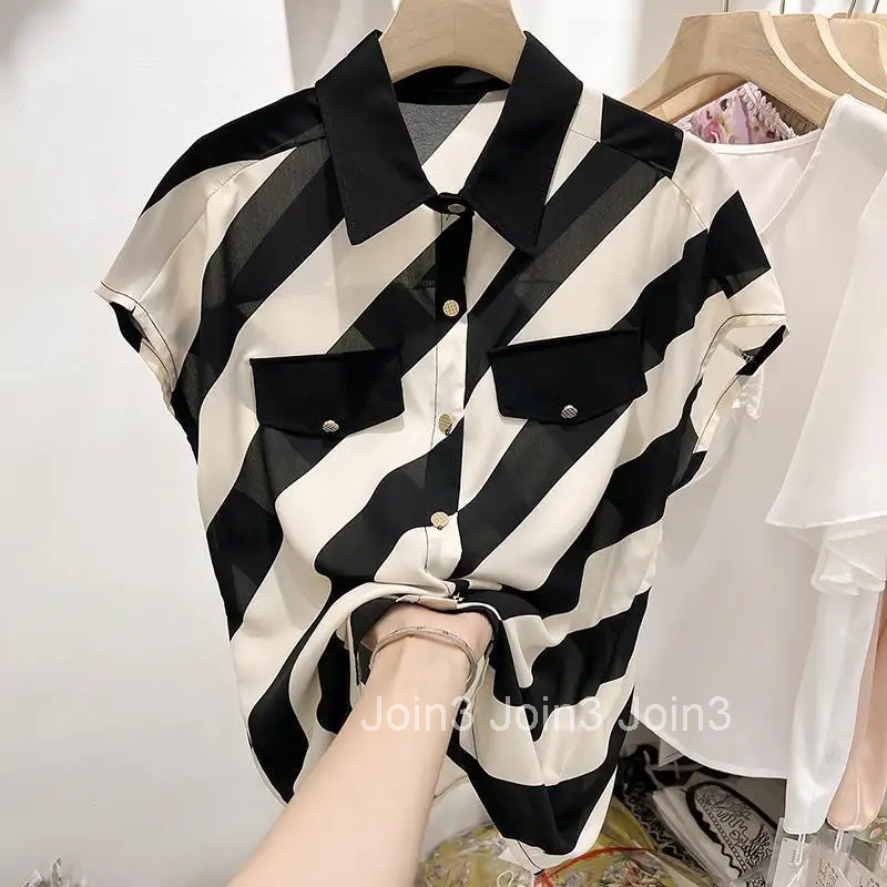 2025 Womenn Clothing Contrast Color Striped Shirts Camisas De Mujer Chiffon Summer Blouses Oversized Tops Vintage Blouse 63e234