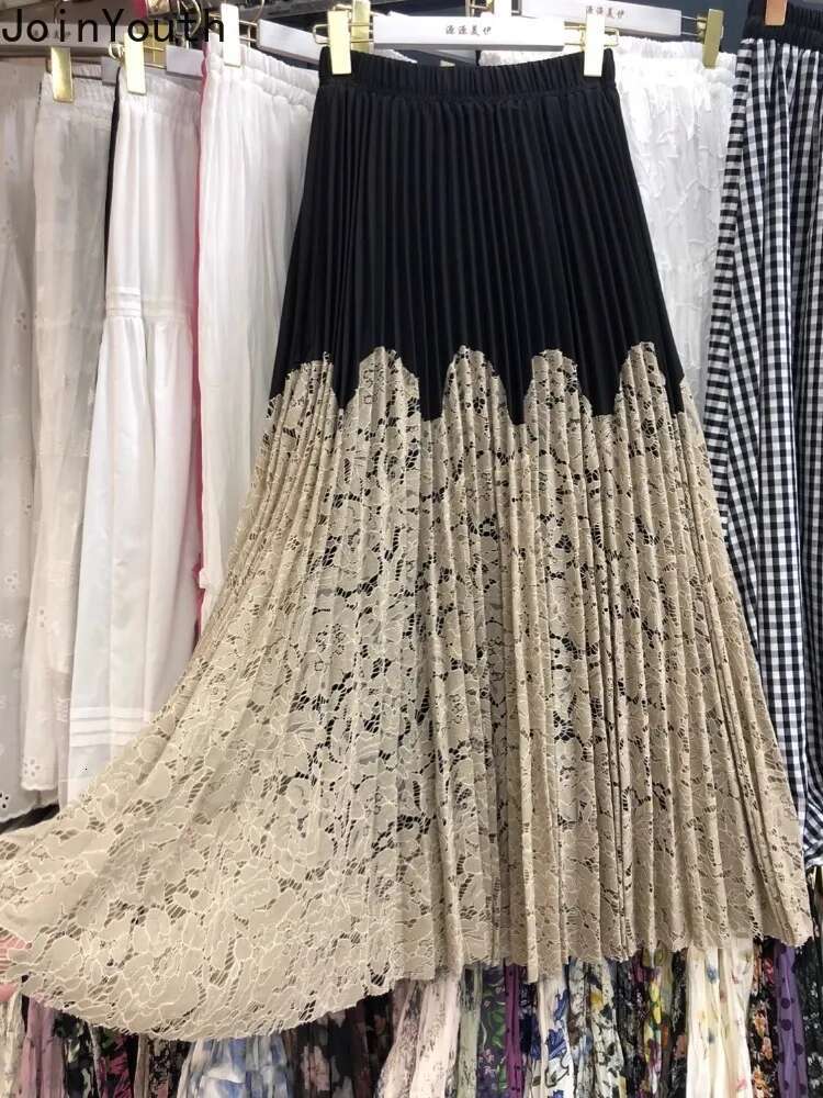 Contrast Color Lace Skirt Womens High Waist Korean Jupe 2025 Faldas Mujer De Moda Chic Summer Saia Hollow Out Pleated Skirts