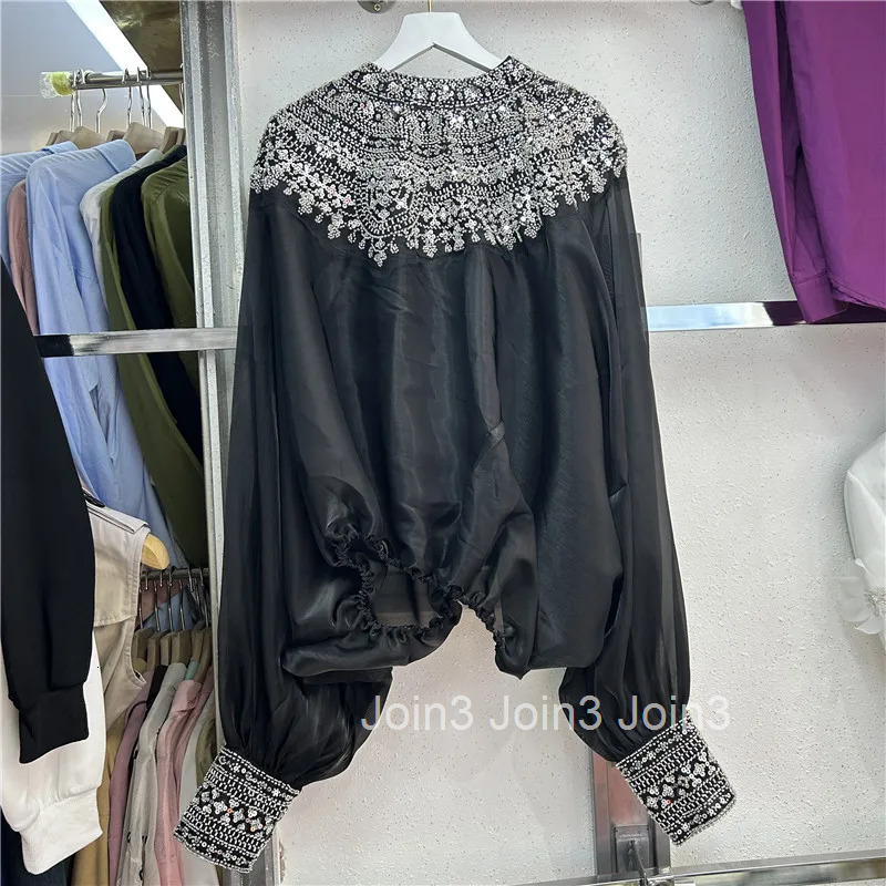 2025 Blusas Mujer De Moda Blouses Women Clothing Heavy Beading Sequin Shirts O-neck Long Sleeve Blouse Temperament Tops Female