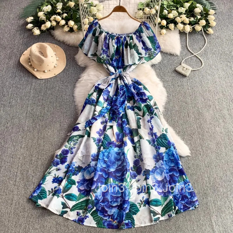 Summer Dresses Women Sweet Floral Slash Neck Slim Waist Robe Femme 2025 Vestidos De Mujer Fashion Big Swing Chiffon Maxi Dress