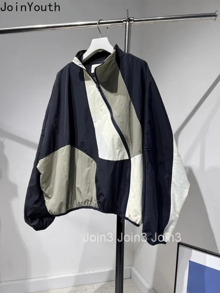 Streetwear Jackets Womens Clothes Contrast Color Stand Neck Zipper Oversized Outwear Y2k Tops Casual Fashion Harajuku Coat