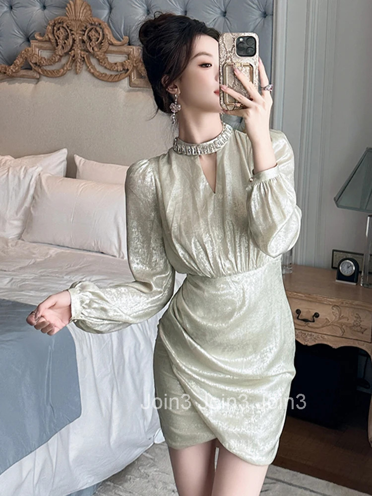 New Autumn Winter Fashion Elegant Luxury Asymmetrical Short Dress Women Clothes Hollow Sexy Puff Sleeve Slim Party Prom Vestidos