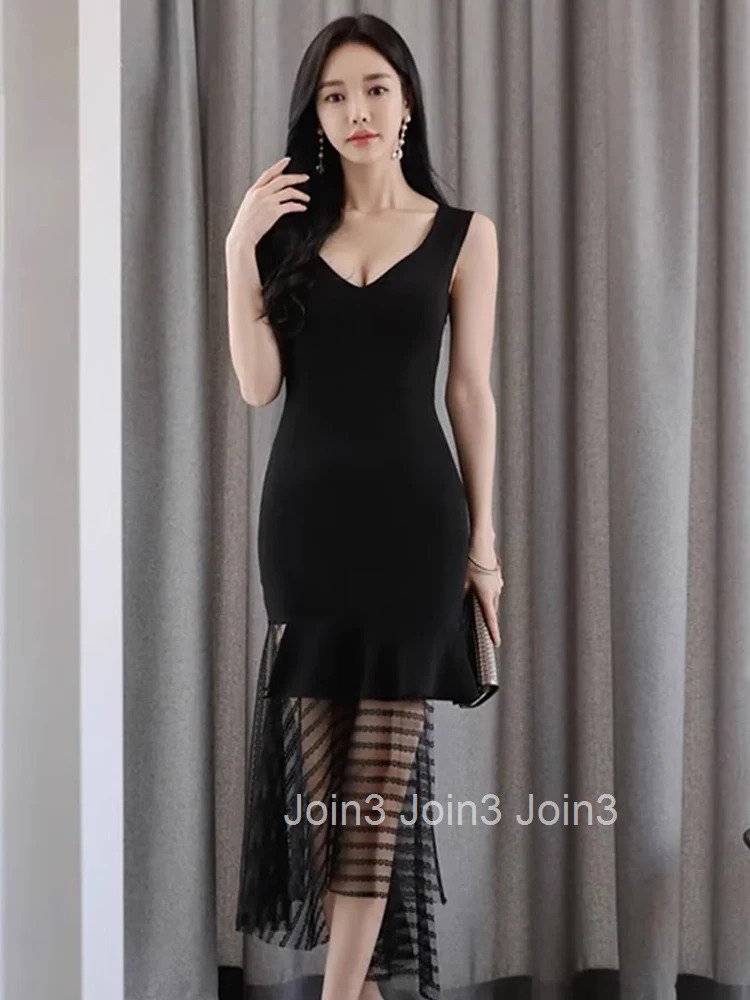 New Summer Fashion Elegant Black Evening Long Dress Women Clothes Sexy V-Neck Sleeveless Slim Party Club Prom Vestido Robe Femme
