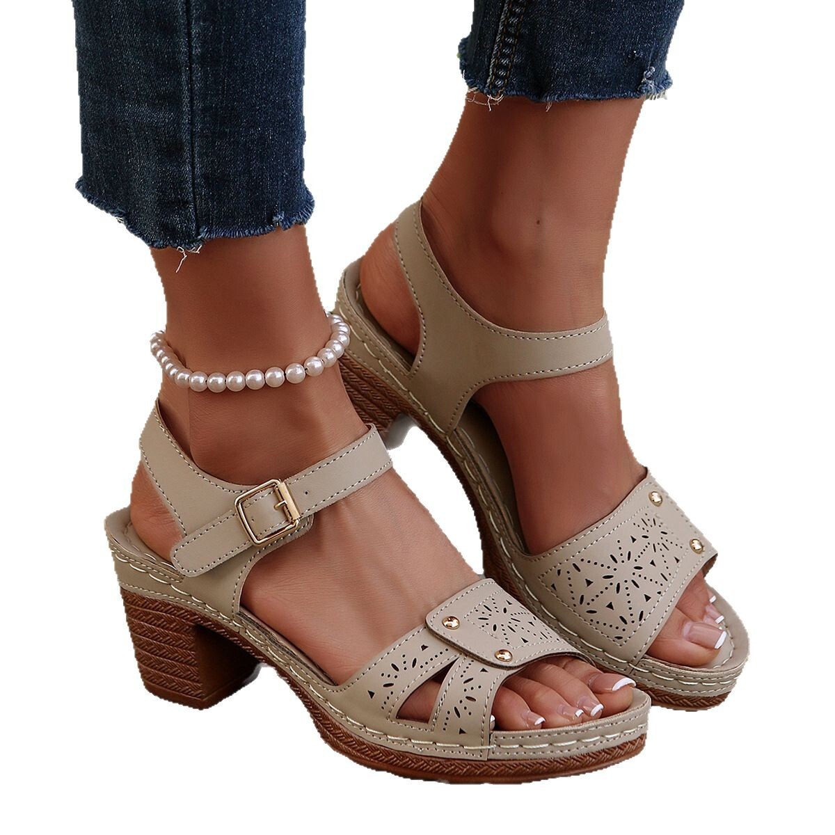 2025 Casual Roman Style Round Toe New Hollow Pattern High Heel Buckle Strap Large Size Sandals for Women ddmythur