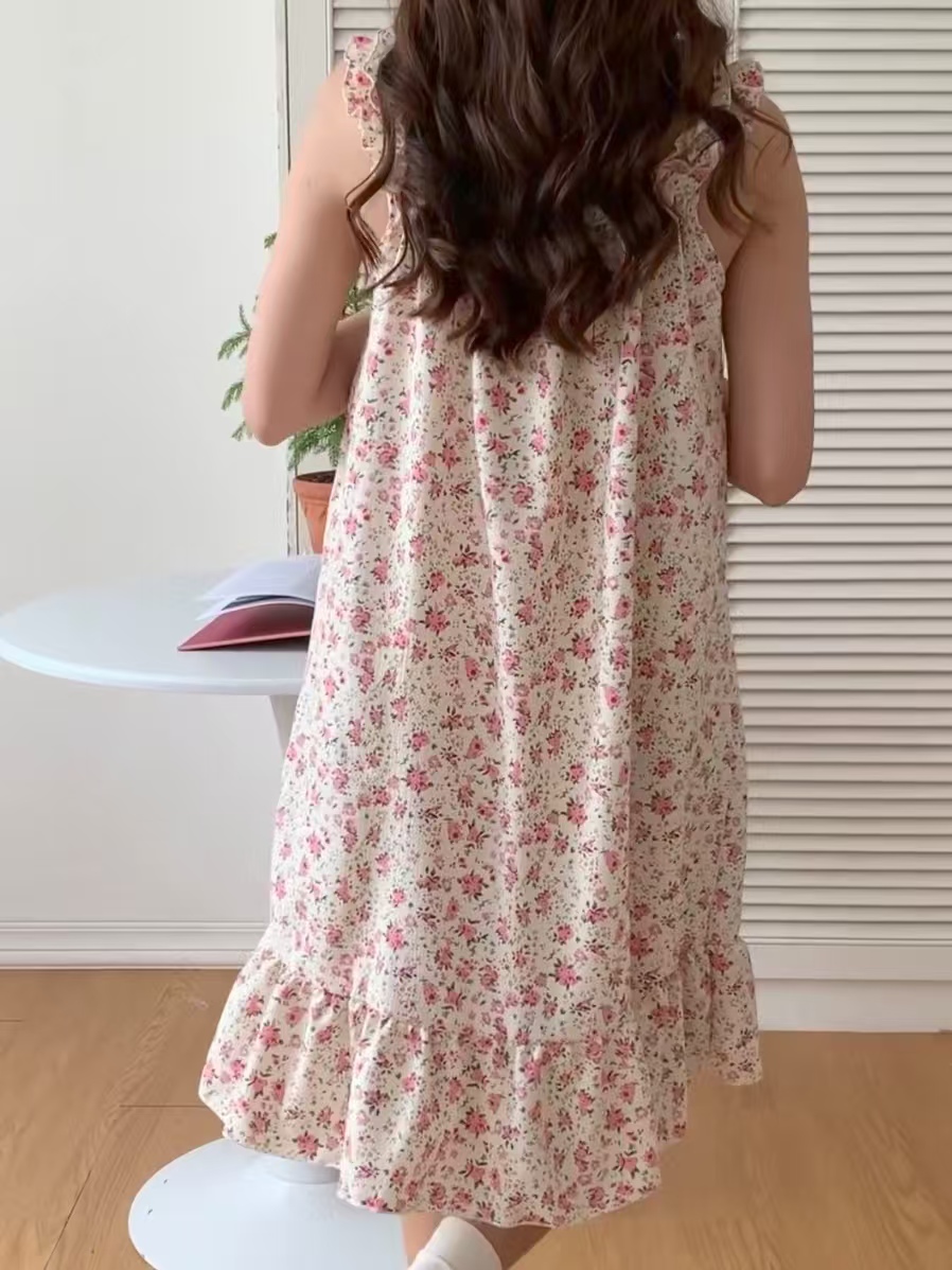 2025 women's models spring and summer sweet ins style halter mid-length loose nightgown female home dress red crocus flower