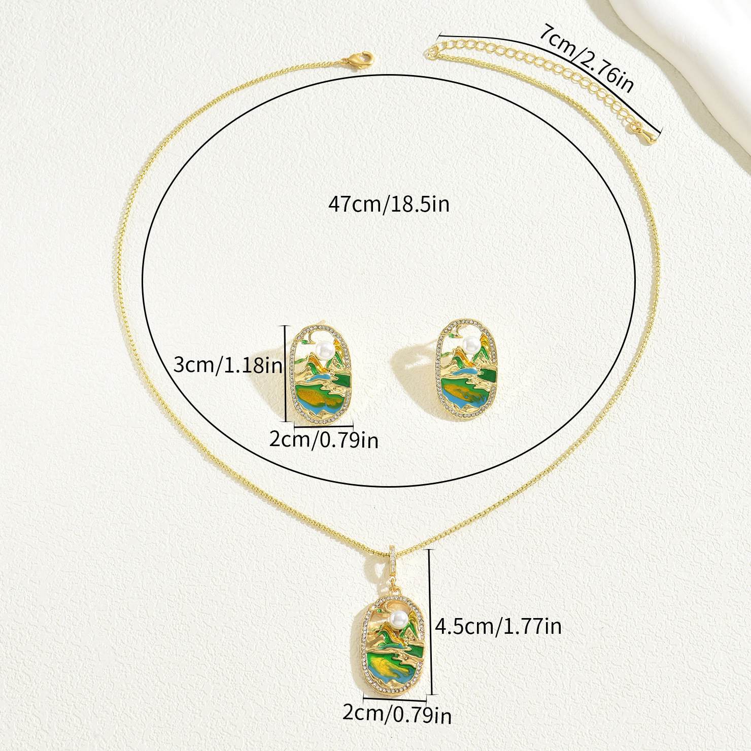 Fashion Women's Necklace And Earring Set Green Water Drop Oil Inlaid High-End Design Pearl Choker