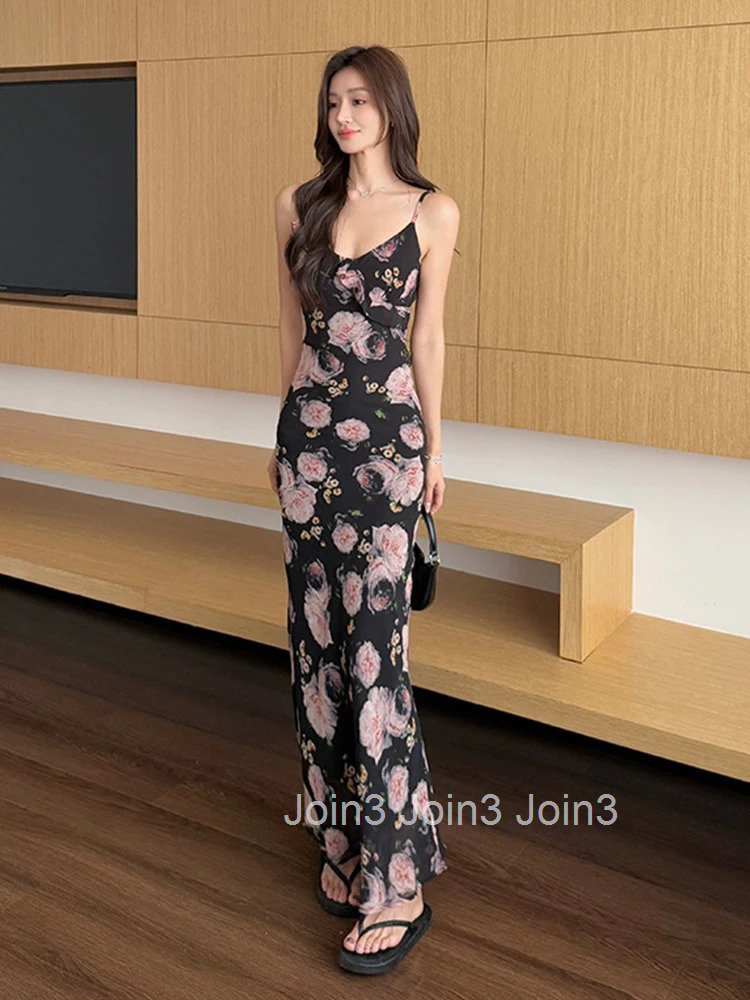 Women Vacation Clothes Sweet Chiffon Floral Print Sexy Sling Slim Maxi Long Dress Elegant Fashion Party Prom Vestido Robe Summer