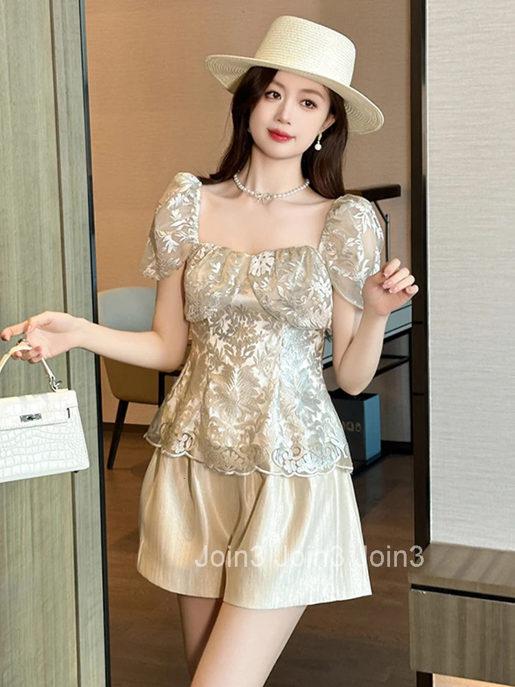 New Fashion Summer Sweet 2 Pieces Outfit Women Clothes Lace Square Collar Tops Shirt Blouse And High Waist Shorts Mujer Slim Set