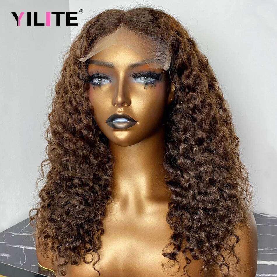 Chocolate Brown Curly Human Hair Wigs For Women Color Deep 13X6 HD Frontal 13x4 Glueless Water Wave Lace Front Wig