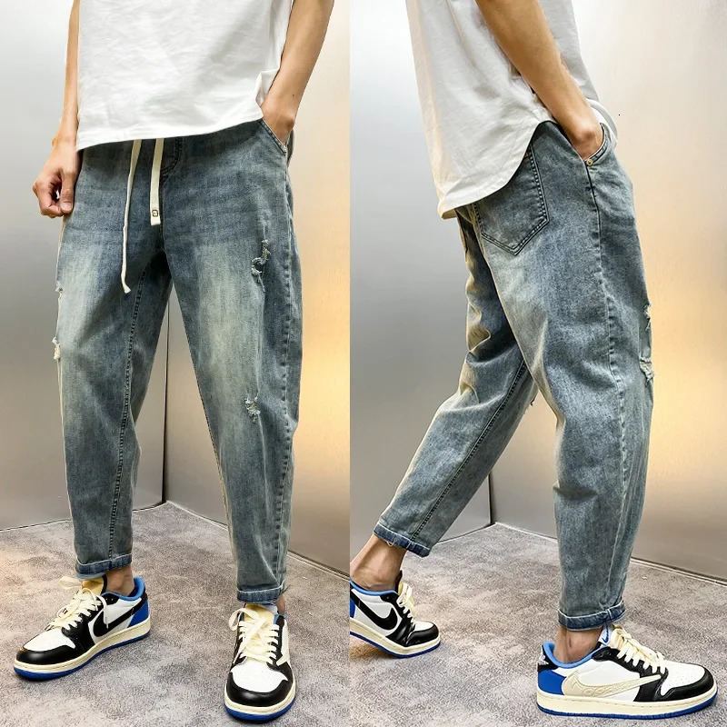 Vintage Mens Loose-fit Harem Jeans Youthful Summer Style Nine-point Hole Ripped Jeans Casual Scene Fashionable Trend 250618