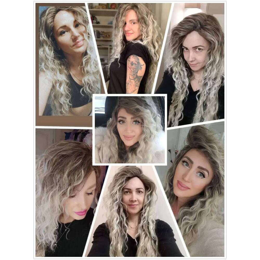 Synthetic Womens Long Hair Ash Blonde Curly Female Natural Wavy Drag Queen Regular Wig 80s Brown Ombre Wigs for Girls