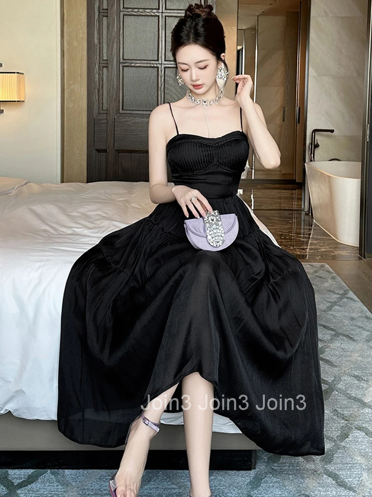 Summer French Fashion Casual Black Sexy Sling Evening Dress Women Clothes Chest Wrapped Slim Midi A-Line Robe Party Prom Vestido