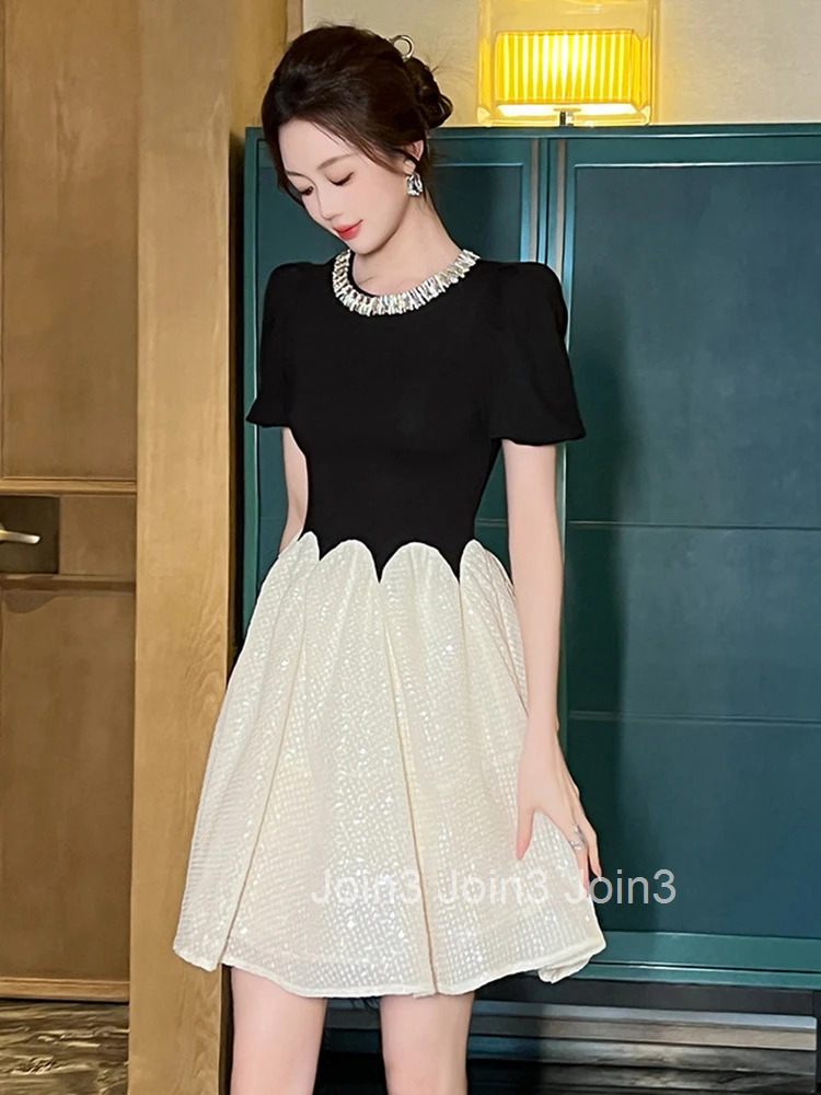 New Summer Elegant Luxury Diamonds O-Neck Gown Evening Dress Women Clothes Retro Puff Sleeve Slim A-Line Party Club Prom Vestido