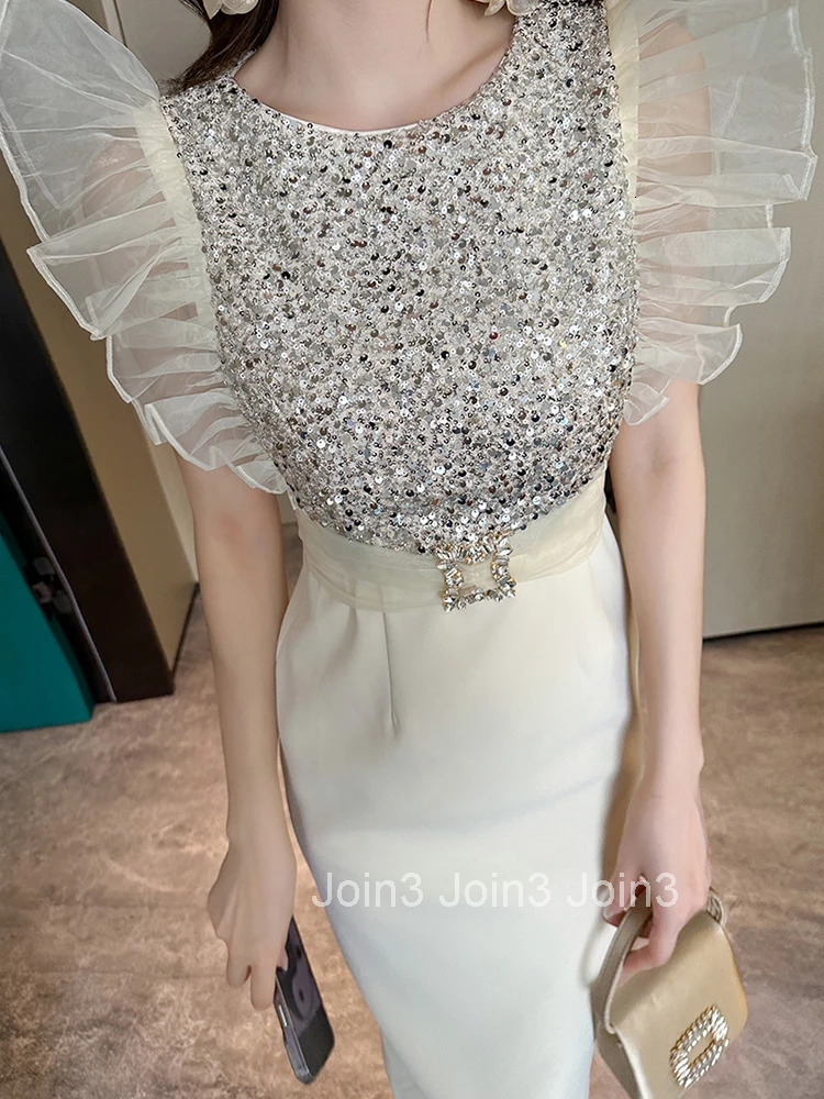 Summer Fashion Elegant Luxury Sparkly Sequin Evening Dress Women Clothes Flying Sleeve Slim High Waist Midi Party Prom Vestidos