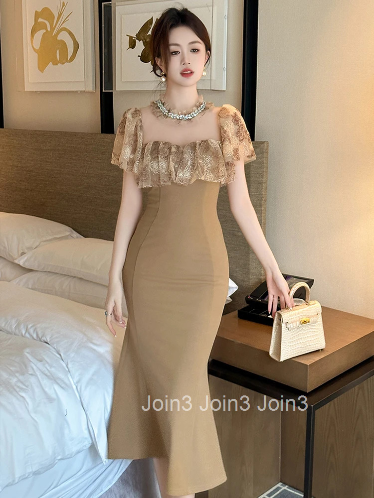 Women Clothes Pink Sweet Lace Sheer Sexy O-Neck Slim Midi Fishtail Dress Elegant Ladies Fashion Party Prom Vestidos Robe Casual