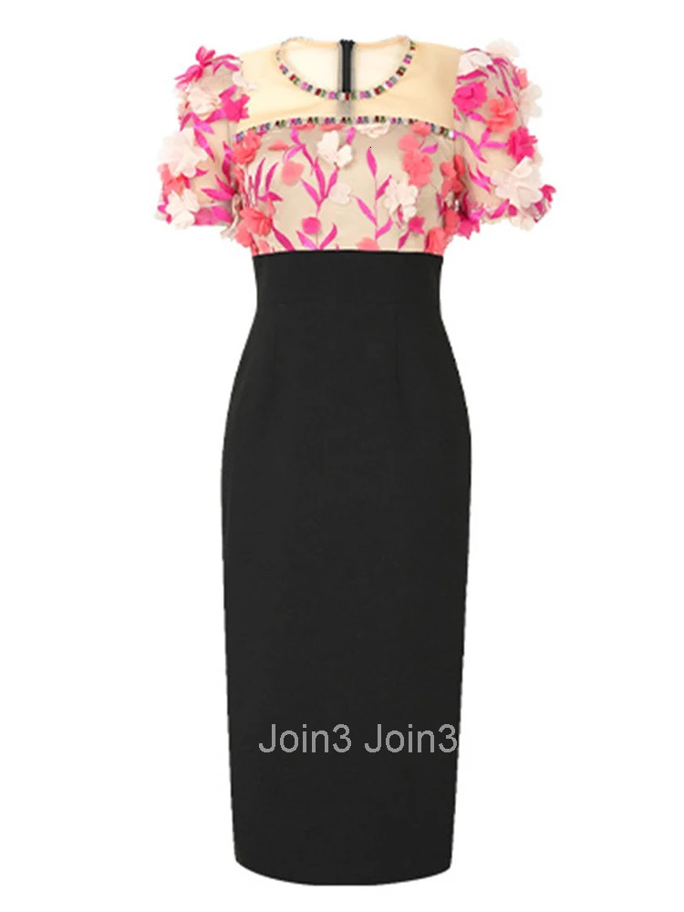 Women Clothes Sweet Floral Sexy Puff Sleeve Slim Midi Pencil Dress Elegant Luxury Fashion Evening Party Vestidos Formal Occasion