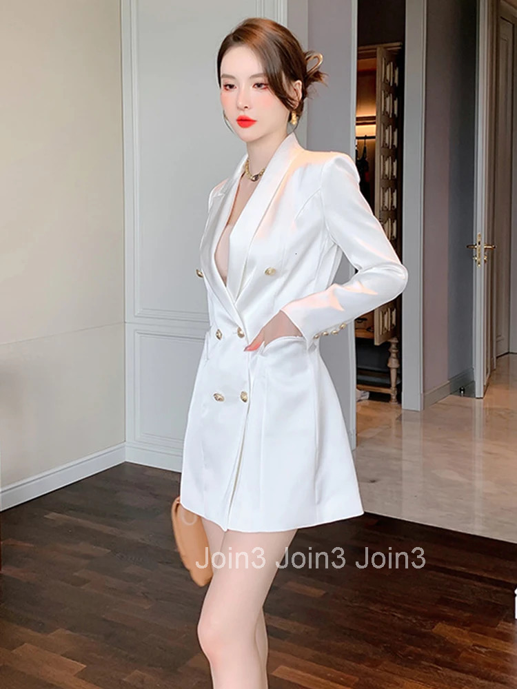 Fashion Vintage Blazer Double breasted Long Sleeve Mini Dress Women OL Elegant Casual White Imitation Silk Acetate Female Dress