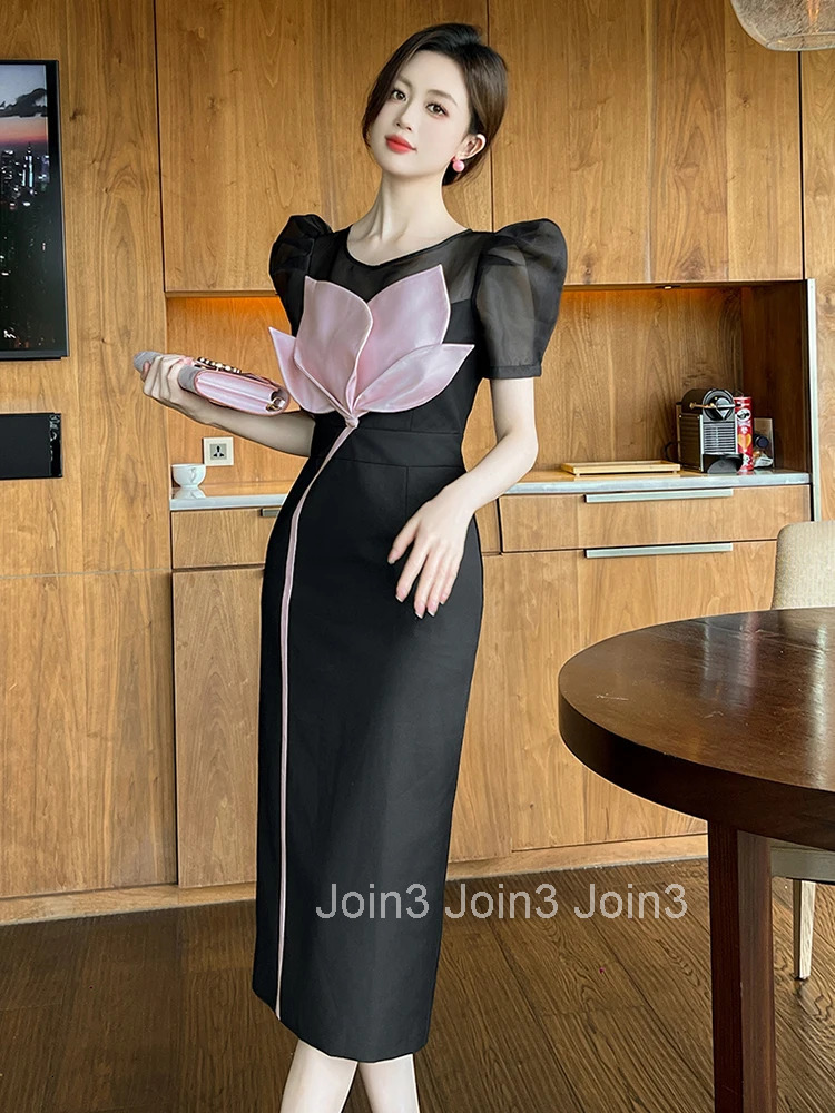 Summer Fashion Elegant Formal Occasion Evening Dress Women Clothes Sheer Sexy O-Neck Floral Slim Midi Pencil Robe Party Vestidos