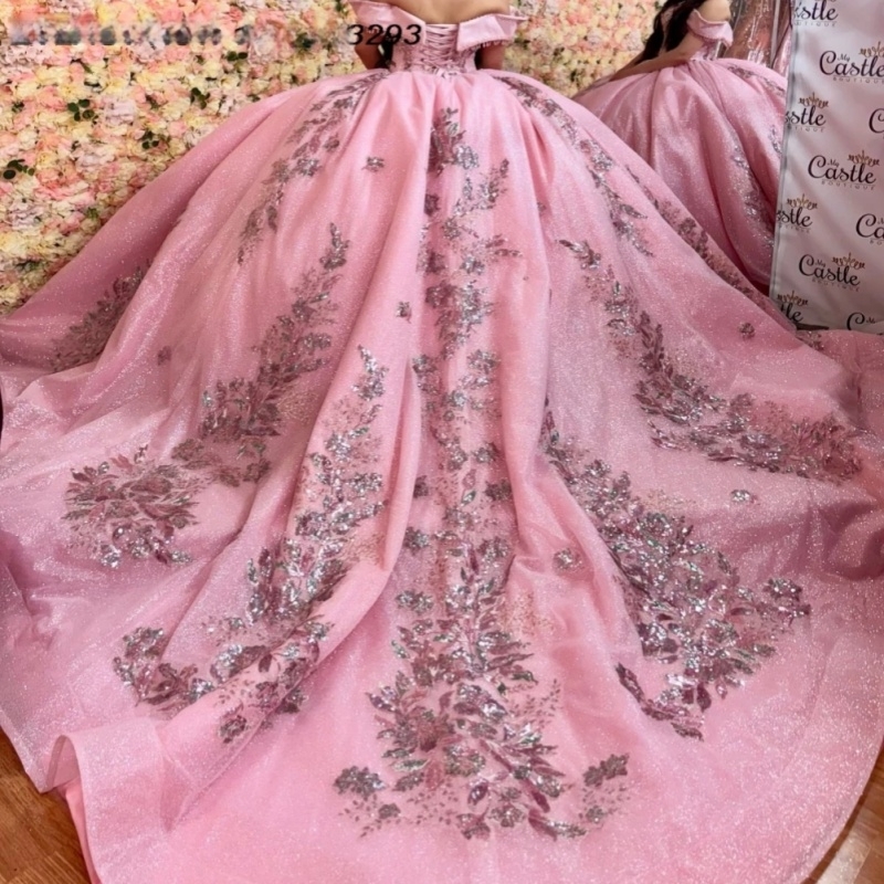 Pink Shiny Ball Gown Quinceanera Dresses Sequin Applique Lace Beading Crystal Tull Sweet 16 Dress Vestidos De 15 Anos