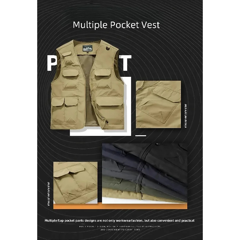 Spring and Summer Mens Casual Vest Lightweight Breathable Multi Pocket Workwear Sleeveless Jacket Outdoor Fishing Camping Vest 250617