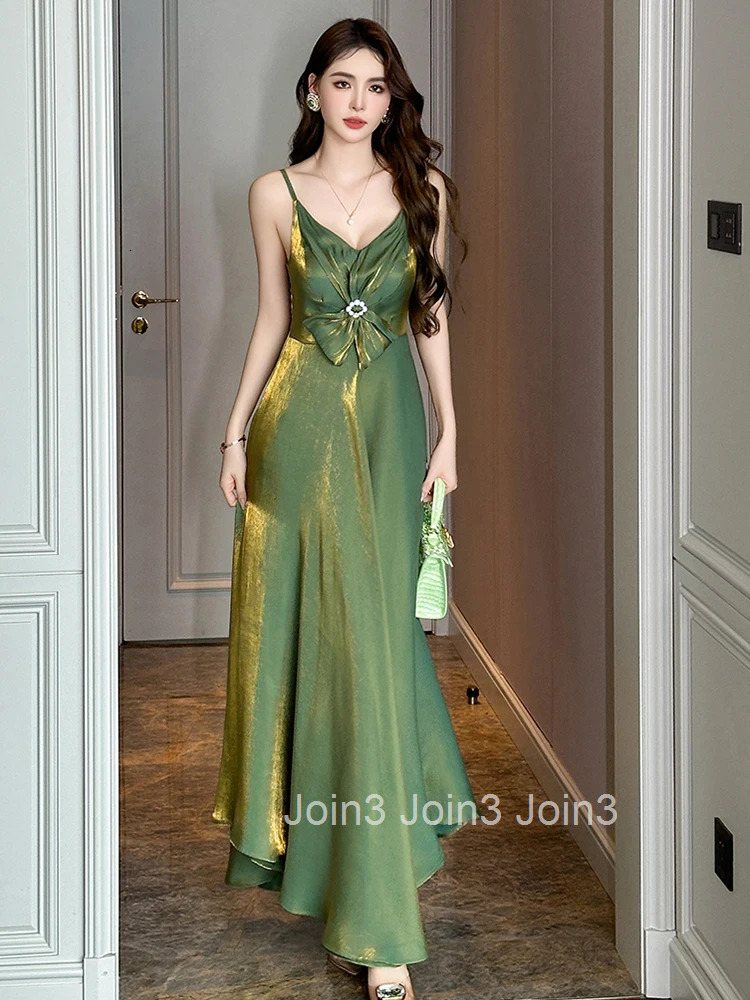 Summer Satin Sparkly Green Vacation Evening Dress Women Clothes Bow Sexy Sling V-Neck Slim A-Line Maxi Robe Party Prom Vestidos