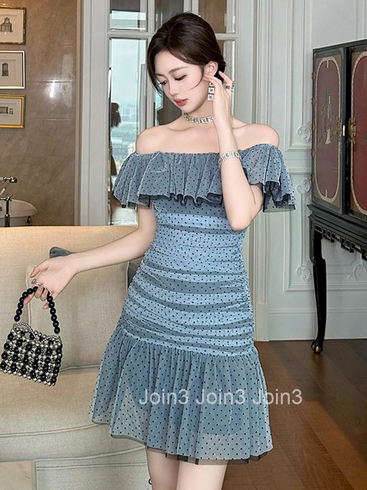 Summer Sweet Vacation Holiday Short Dress Women Clothes Elegant Ruffle Sexy Off-Shoulder Folds Bodycon Party Birthday Vestidos