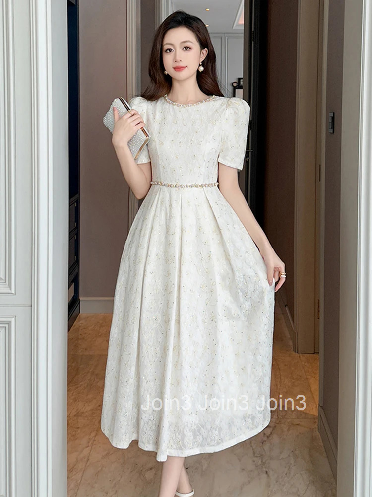 Summer Fashion White Lace Evening Dress Women Clothes Elegant Sweet Flower Puff Sleeve Slim Midi A-Line Party Prom Vestidos Robe