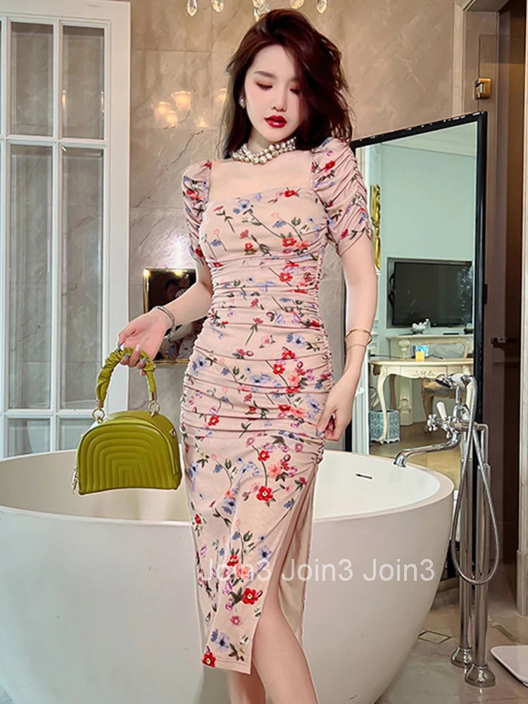 Korean Women Evening Dress Cotton Vintage Sweet Square Collar Folds Bodycon Midi Party Beach Stretchy Robe Femme Mujer Vestidos