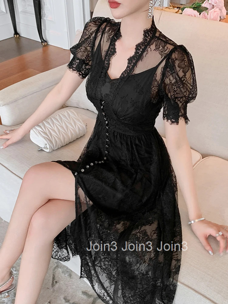 Korean Style Vintage Sexy V-Neck Short Sleeve Maxi Party Dress Ladies OL Elegant Coffee Break Robe Lace Perspective Beach Dress