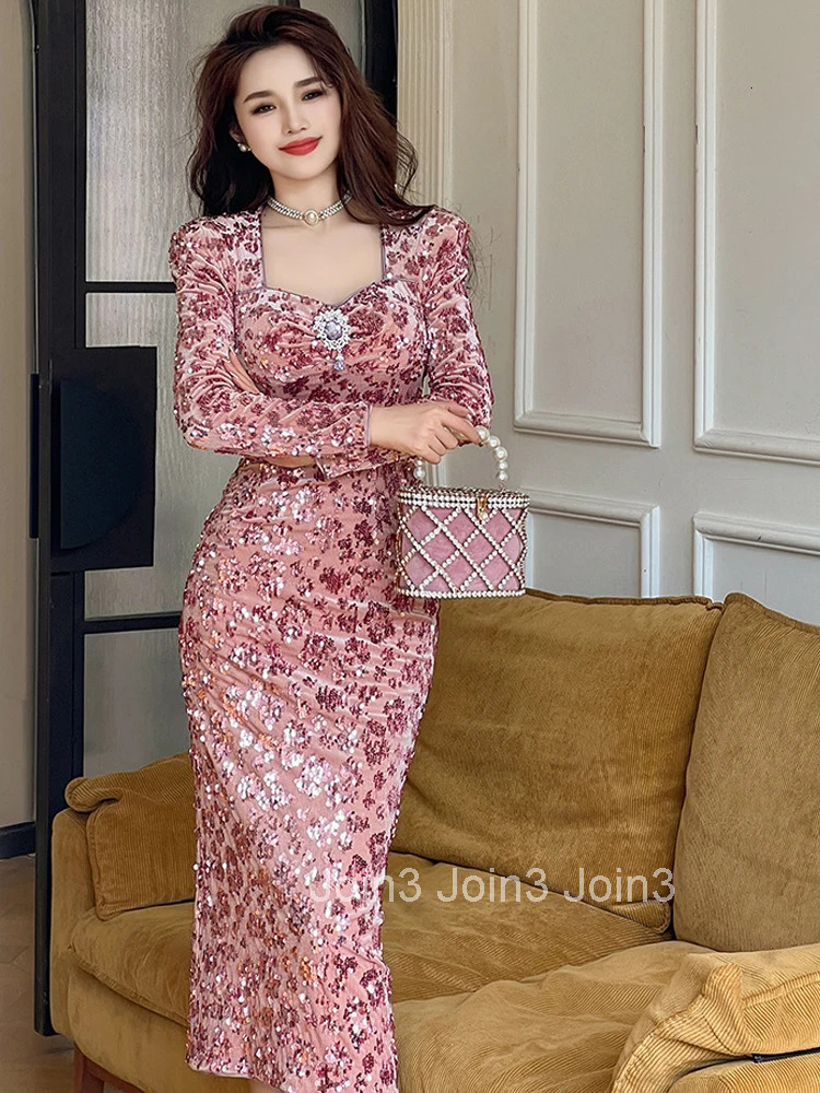 Autumn Casual Sweet Pink Velvet Sequin Evening Dress Women Clothes Elegant Retro Square Neck Skinny Midi Robe Party Prom Vestido