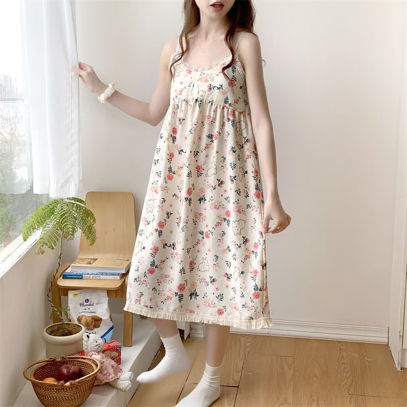 2025 women's models spring and summer sweet ins style halter mid-length loose nightgown female home dressred Kingfisher Rabbit