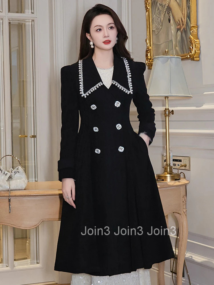 Women Clothes Vintage Black Pearl Double-Breasted A-Line Jacket Coat Formal Elegant Commute Femme Outerwear Long Windbreaker New