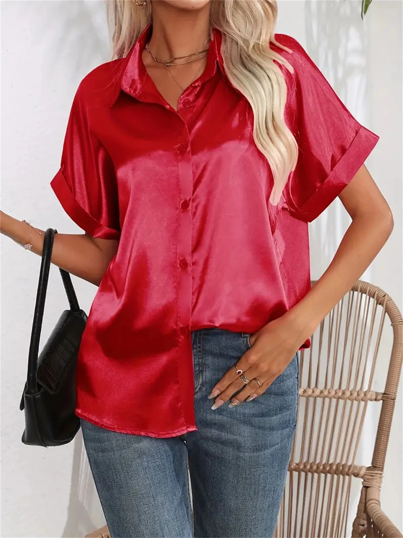 Casual Turn-Down Collar Button Front Solid Color Short Sleeved Satin Shirt Women Summer Blouse 250617