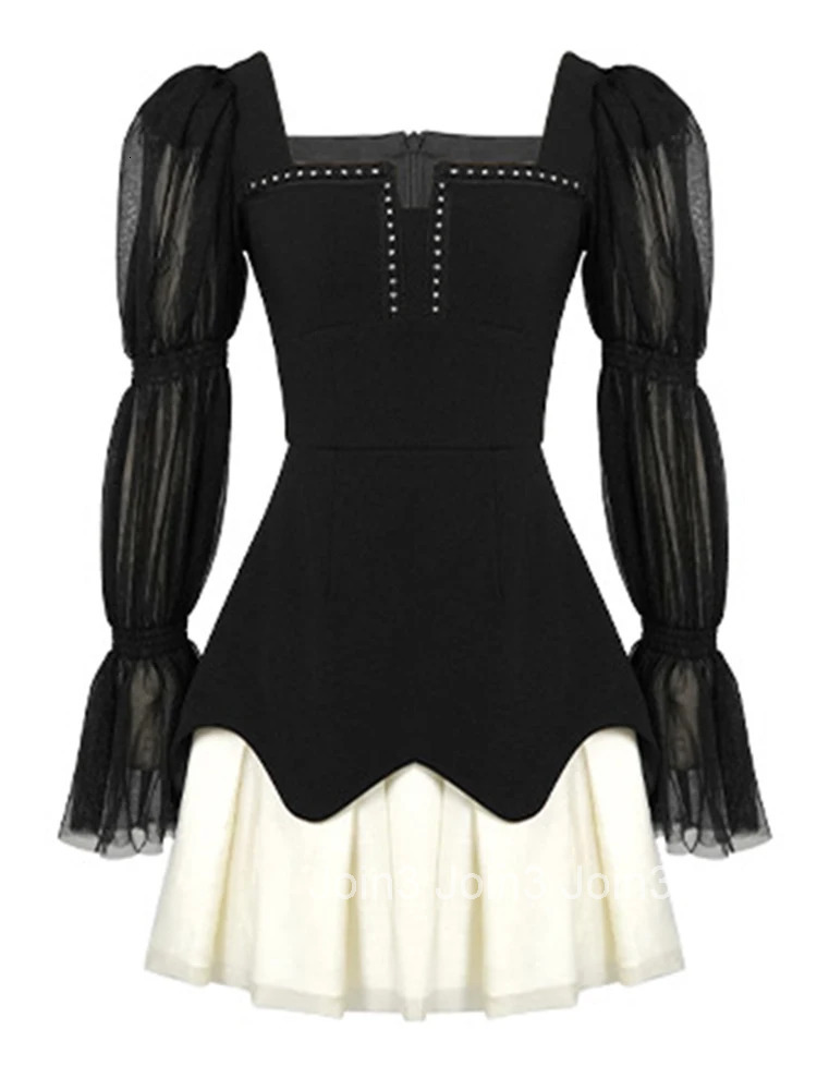 Autumn Fashion Casual Black Square Collar A-Line Short Dress Women Clothes Retro Puff Sleeve Slim Mini Party Club Prom Vestidos