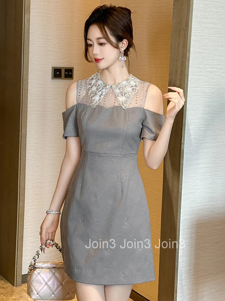 Women Clothes Silvery Sequin Sexy Off-Shoulder Slim A-Line Mini Short Dress Elegant Luxury Fashion Evening Party Prom Vestidos