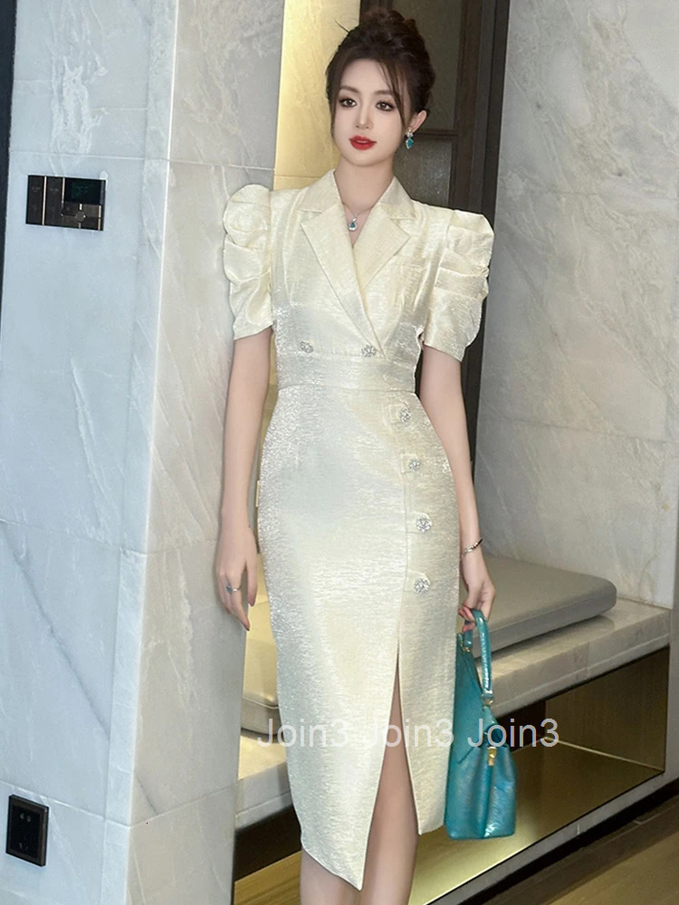 New Summer Fashion Formal Occasion Blazer Pencil Dress Women Clothes Elegant Office Vintage Puff Sleeve Slim Slit Midi Vestidos