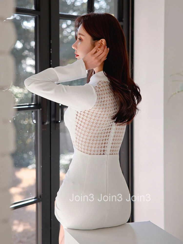 New Spring Autumn Elegant Office Women Dress Formal White Lace Sheer Sexy Long Sleeve Slim Midi Pencil Party Prom Mujer Vestidos
