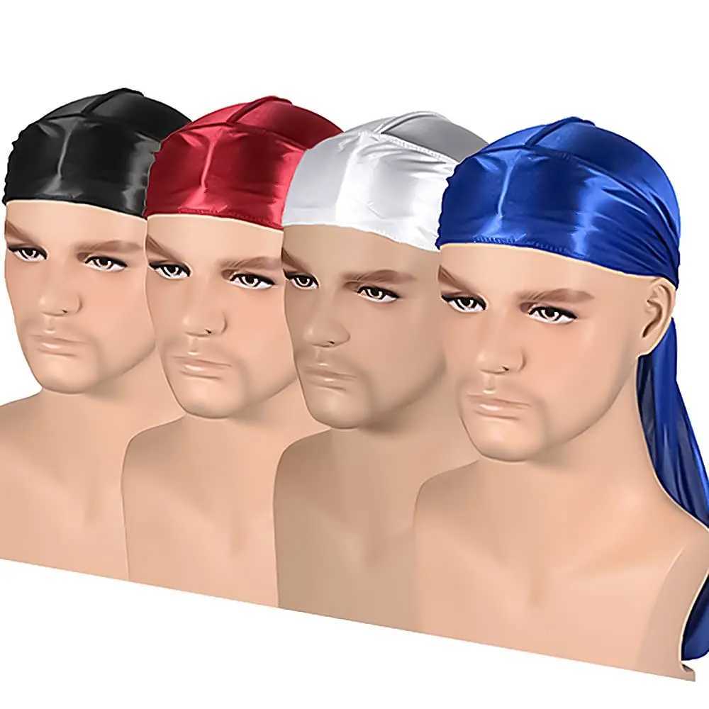 Solid Color Silk Satin Durag Headwear Soft Long Tails Headbands Turban Waves Cap Headwrap Hats Beanie For Men Hair Accessories M250623