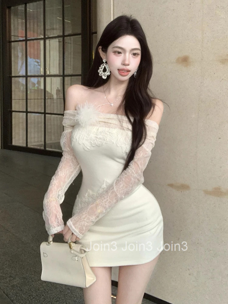 Hotsweet Sweet Date Dress Women Cute Gentle Sheer See Through Lace Flower Bodycon Short Gown Prom Nightclub Dance Vestidos Lady