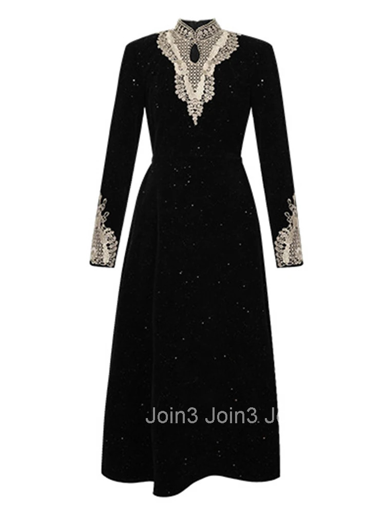Women Clothes Elegant Sparkly Black Velvet Lace Stand Neck Slim Midi A-Line Dress Fashion Evening Party Prom Vestido Robe Casual