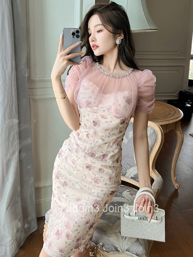 Korean Elegant Women Evening Dress High Quality Chic Temperament Sweet Mesh Sheer Sexy Slim Midi Party Prom Beach Mujer Vestidos