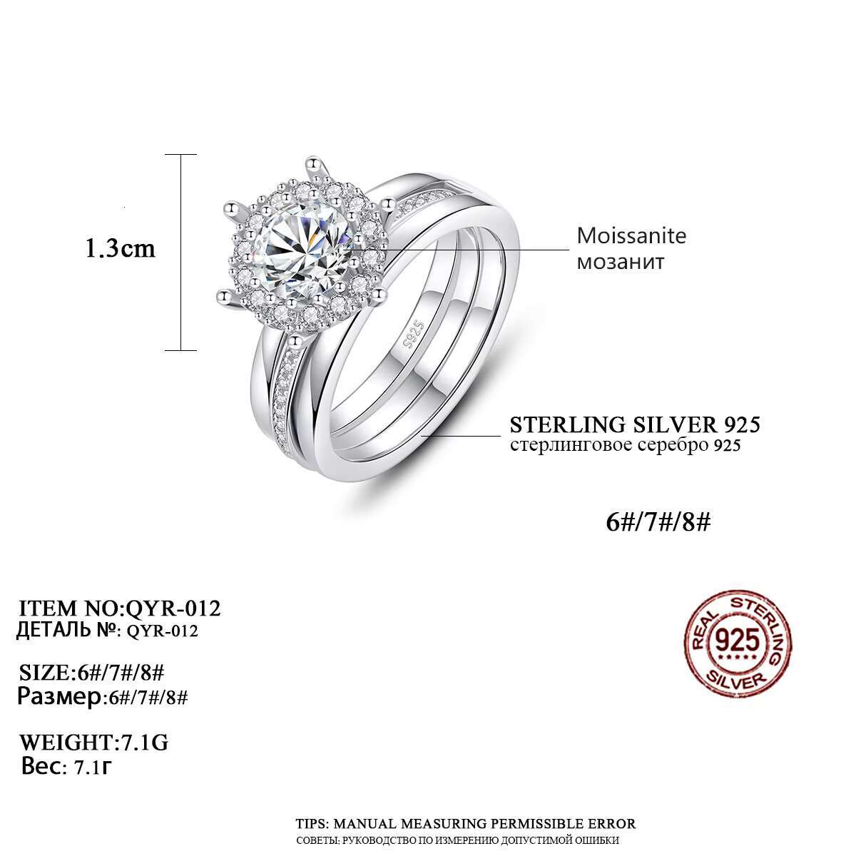 CZCITY 1ct Moissanite 925 Sterling Silver Big Cocktail Moissanite Diamond Wedding Promise Ring Set