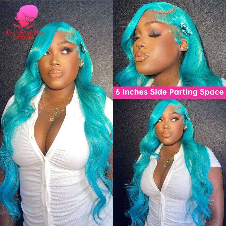 Light Green 13x6 Transparent Front Body Wave Lace Frontal Wigs Pre Plucked Blue Colored Human Hair Wig