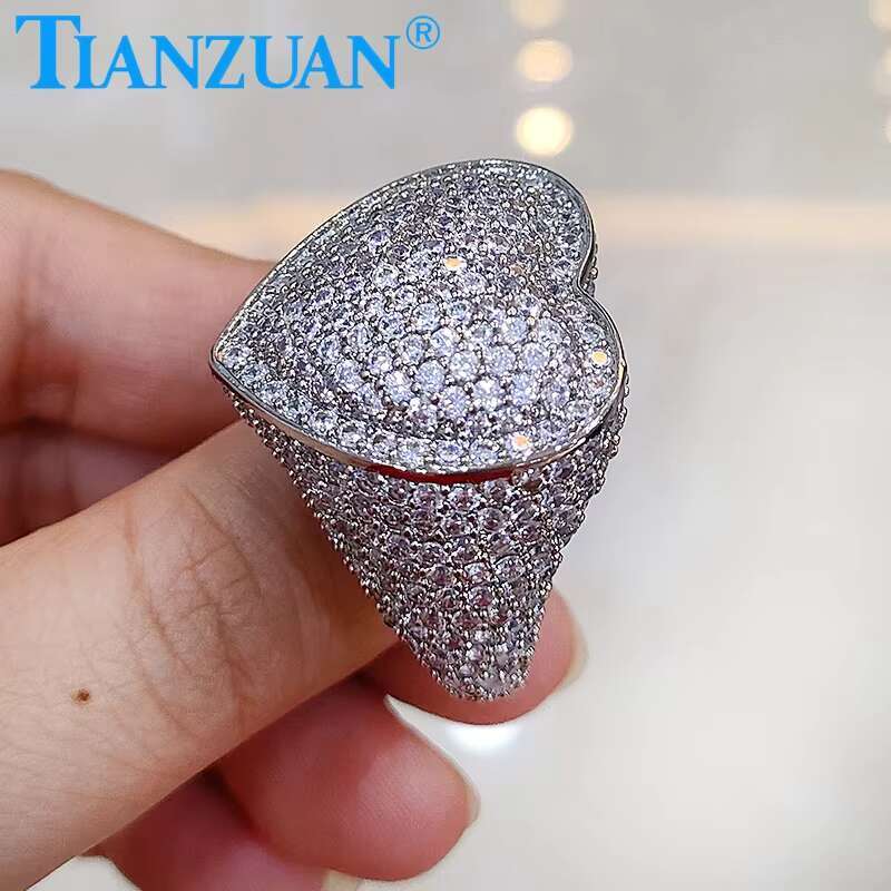Big Size Heart Melee Moissanite Ring Men Women Sterling 925 Silver Round Brilliant Diamonds Engagement Male Wedding Jewelry