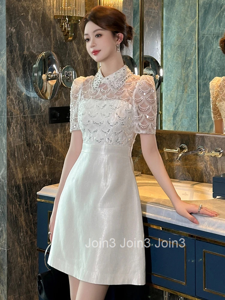 Summer White Satin Elegant Luxury A-Line Short Dress Women Clothes Retro Sequin Sheer Sexy Puff Sleeve Slim Party Prom Vestidos